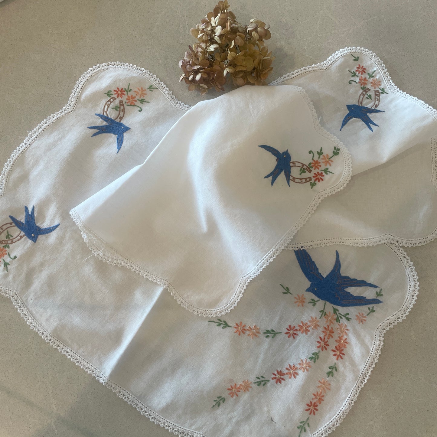 Set of 3 vintage embroidered blue bird doilies