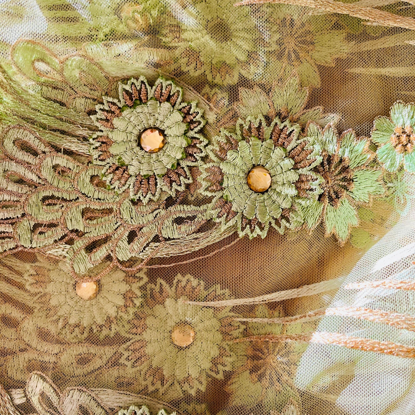 2.7m Mint and Gold Embroidered 3D mesh with diamantés poly Lurex