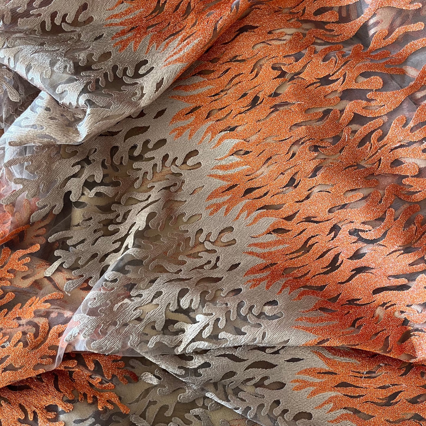 1.4m Dusty pink + Orange Embroidered Lurex tulle poly Lurex