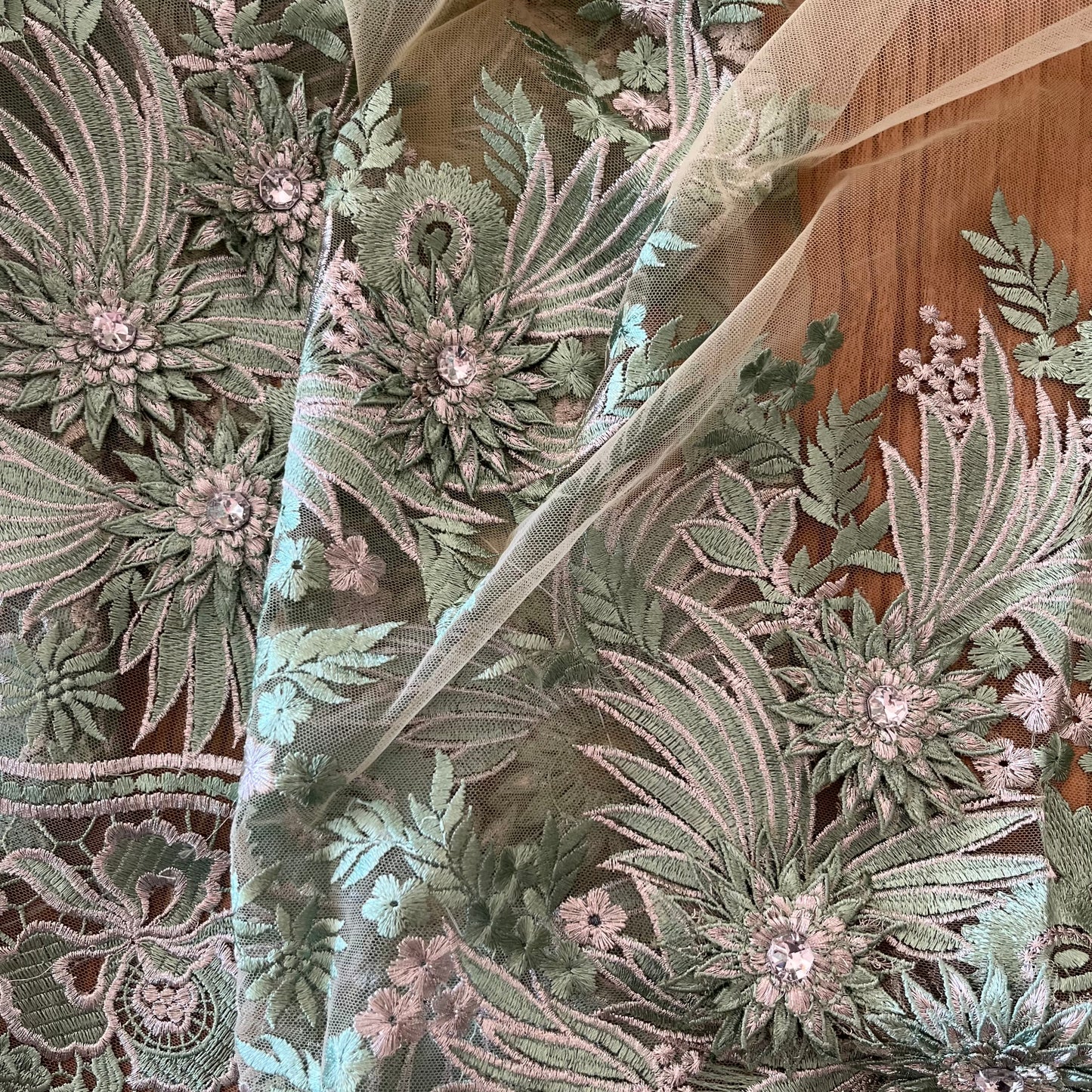 1.8m Sage and Silver embroidered 3D mesh with diamantés poly lurex