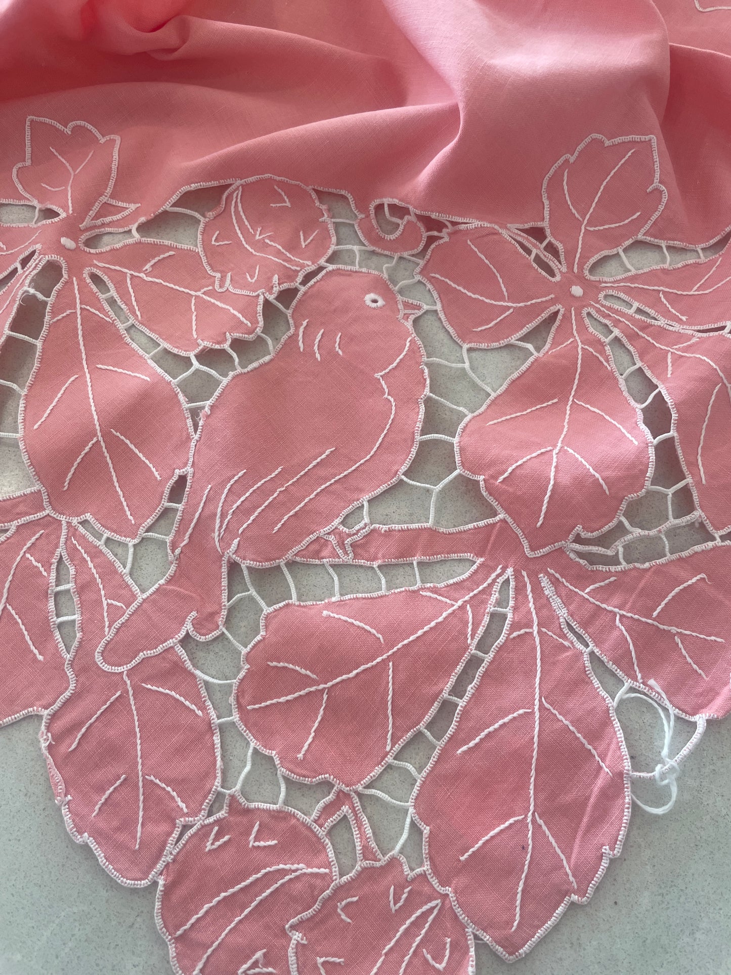 vintage pink birds cut work tea cloth