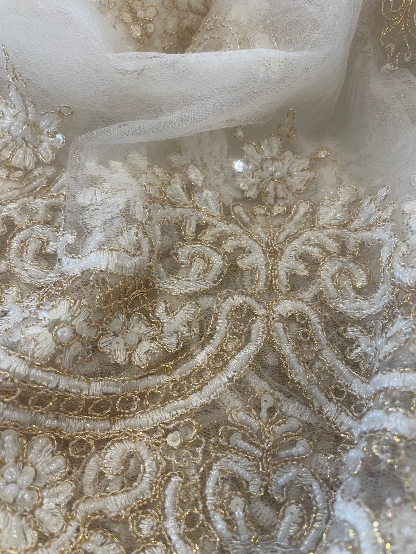 4.6m white and gold beaded embroidered tulle