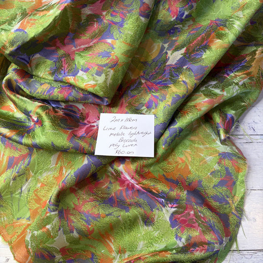 2m Lime Flowers Metallic Brocade