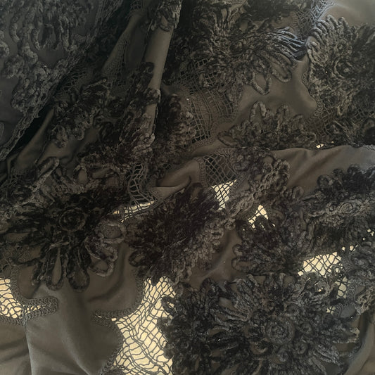 Flowers bloom black chenille embroidered jersey