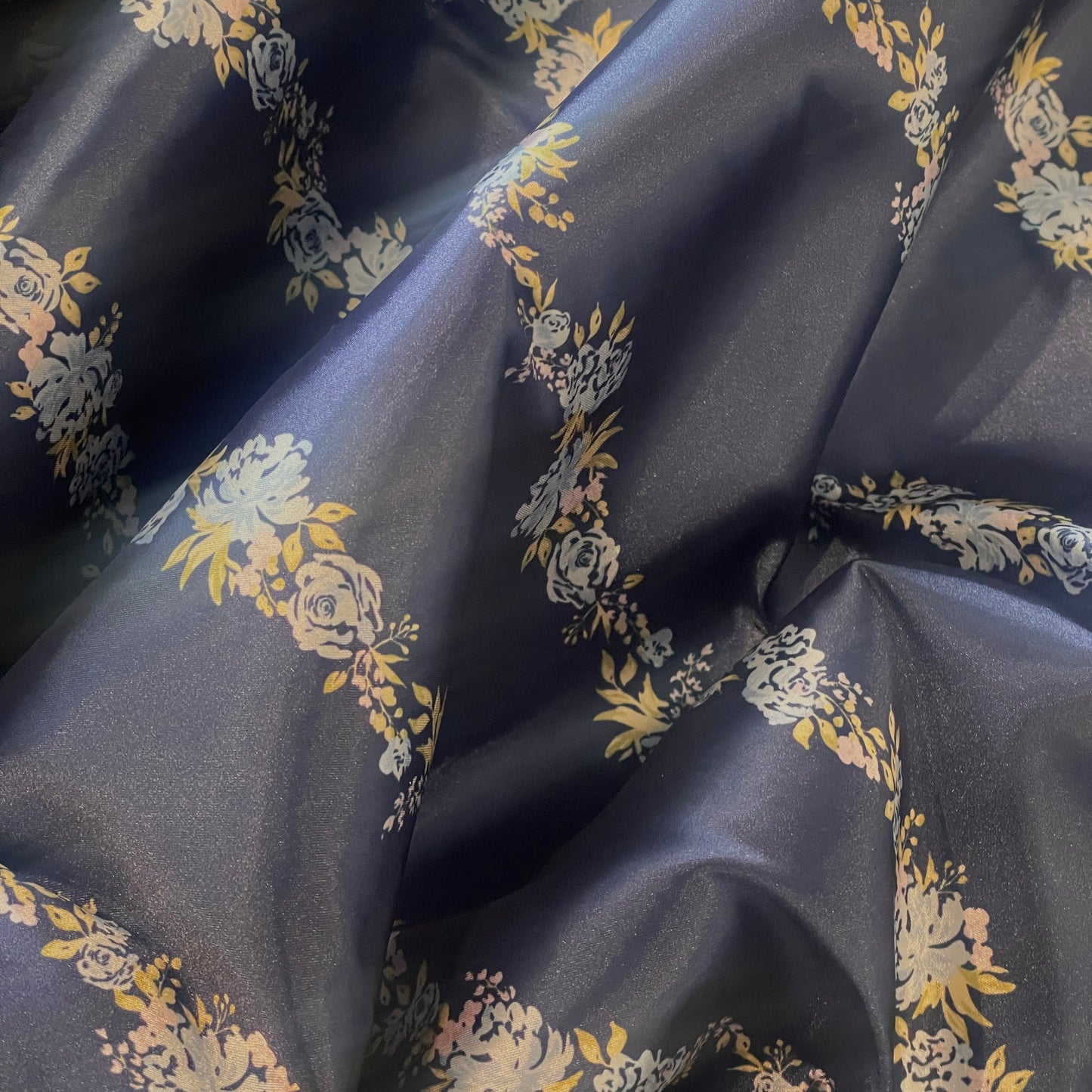 Trocadero blue floral stripe stretch satin