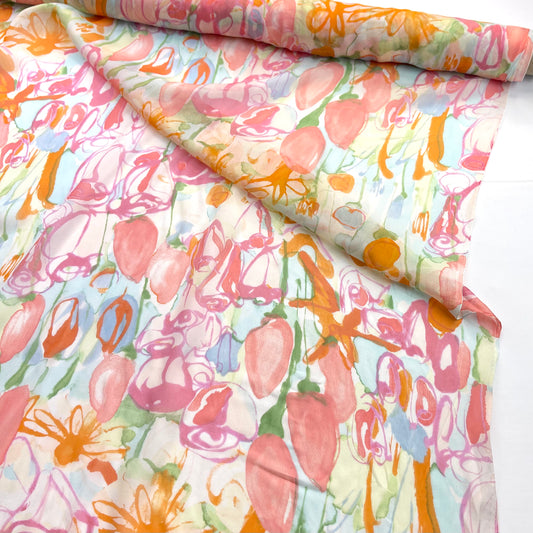 Apricot Daisies Silk Chiffon