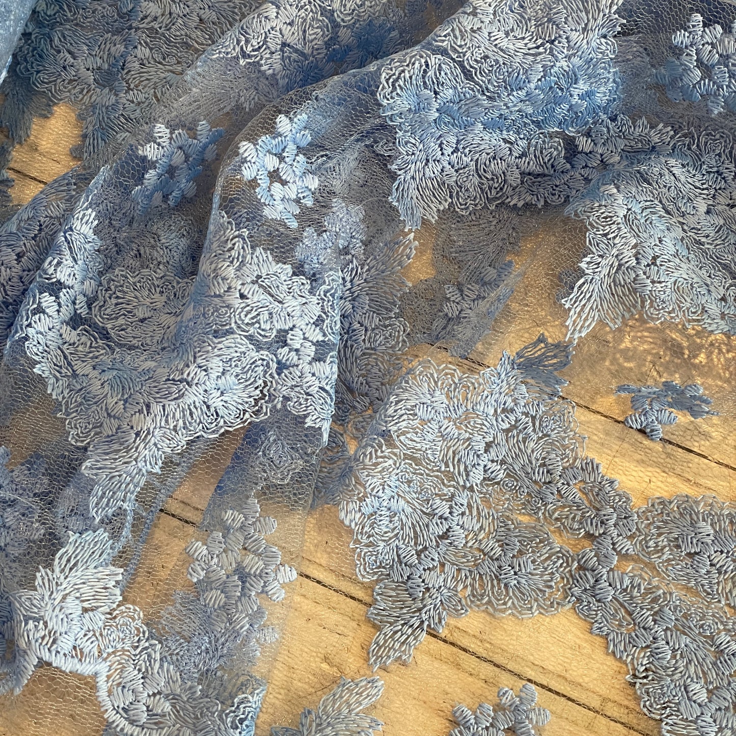 Wedgewood blue floral medallion embroidered fine tulle