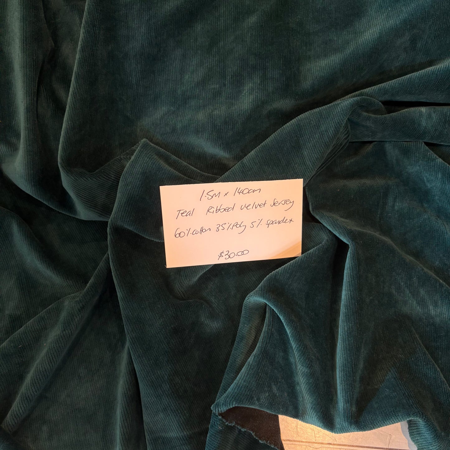 1.5m Teal Ribbed Velvet Jersey