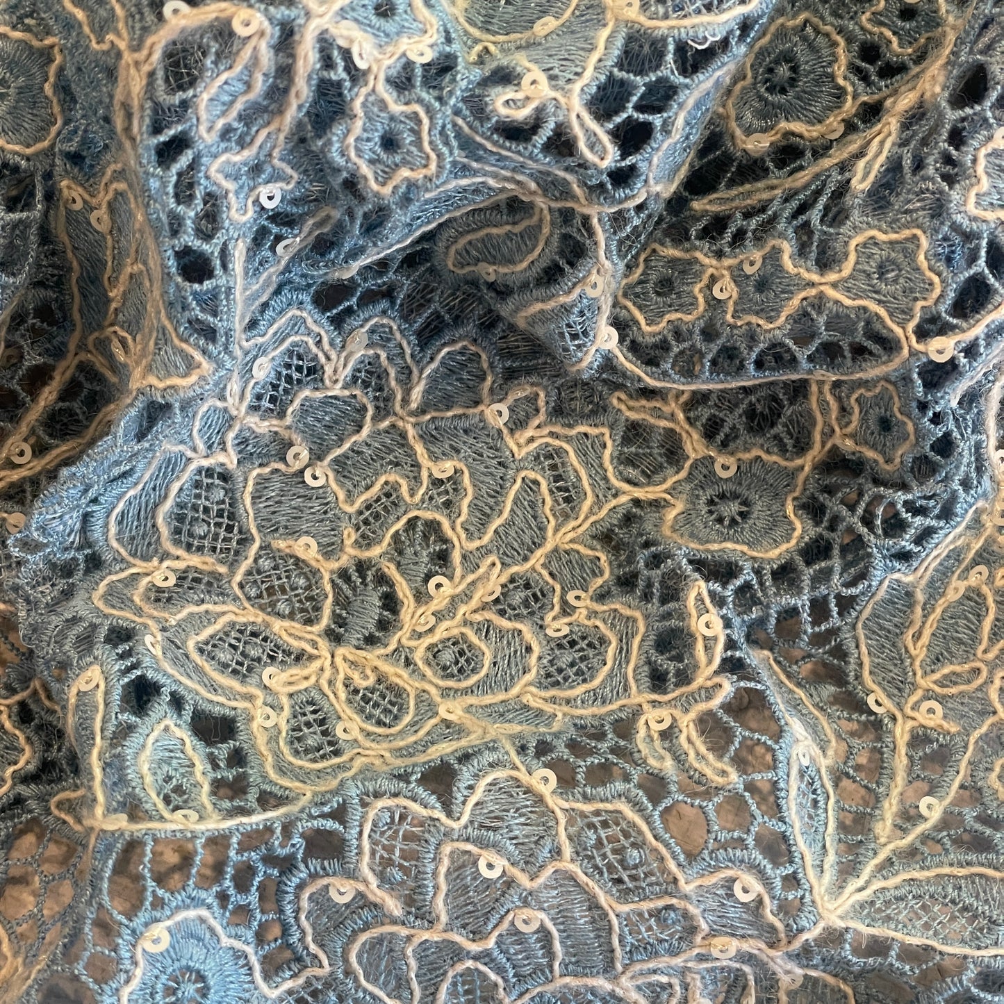 Tilly delft blue wool embroidered sequin Guipure Lace