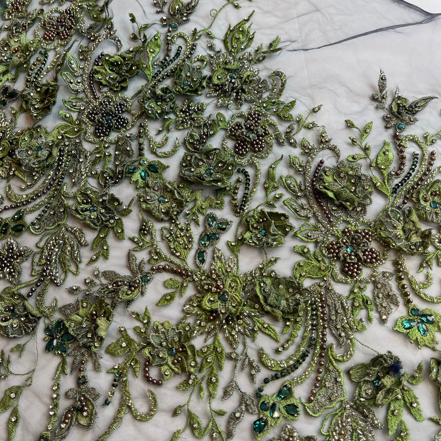 75cm Fern Green 3D Embroidered Beaded Tulle