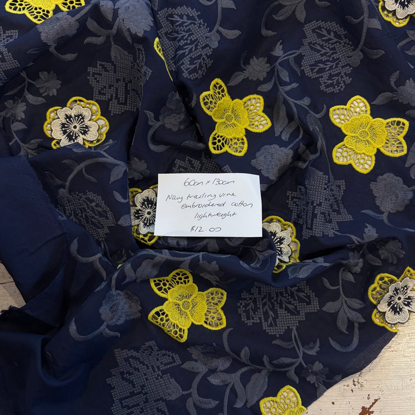 60cm Navy Trailing Vine Embroidered Cotton