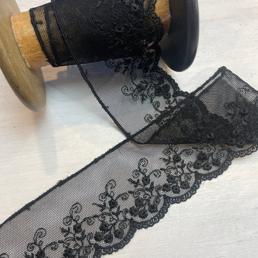 black garden embroidered tulle trim
