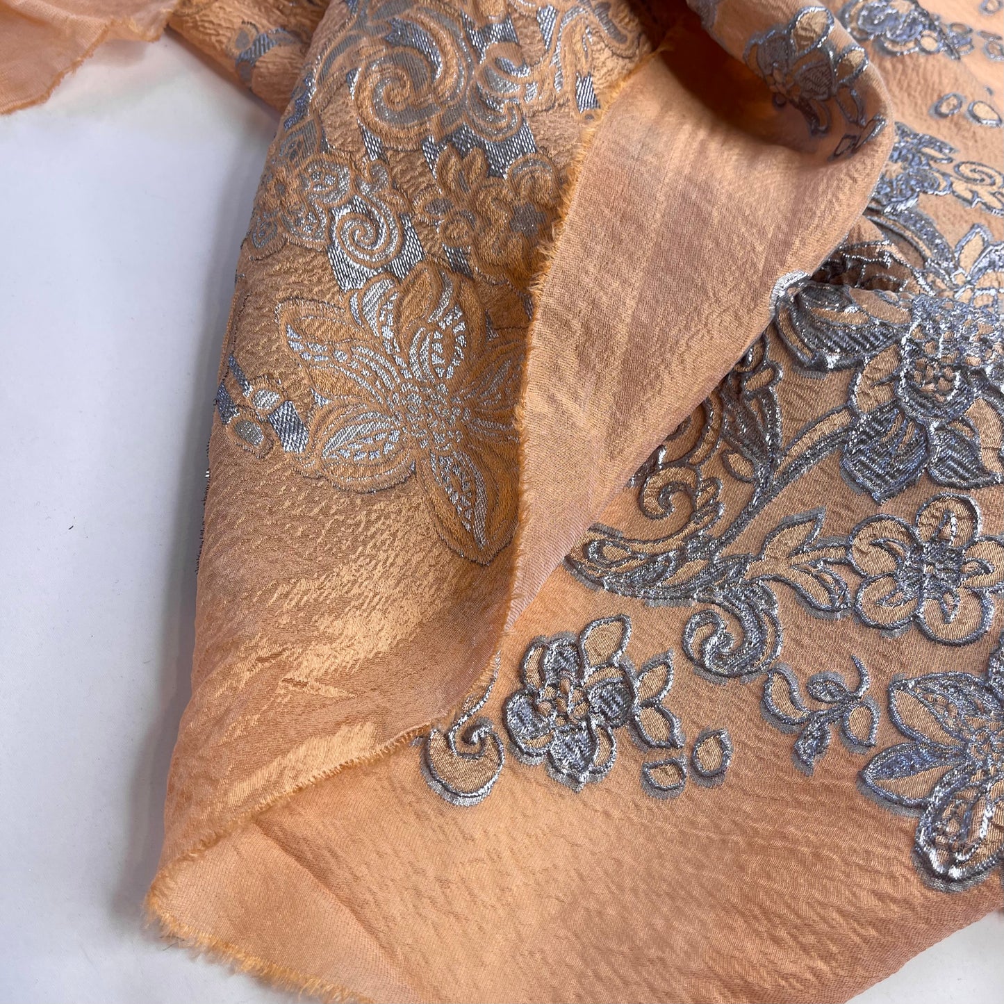 Pewter Peach Boarder Soft Silk Blend Cloque Brocade