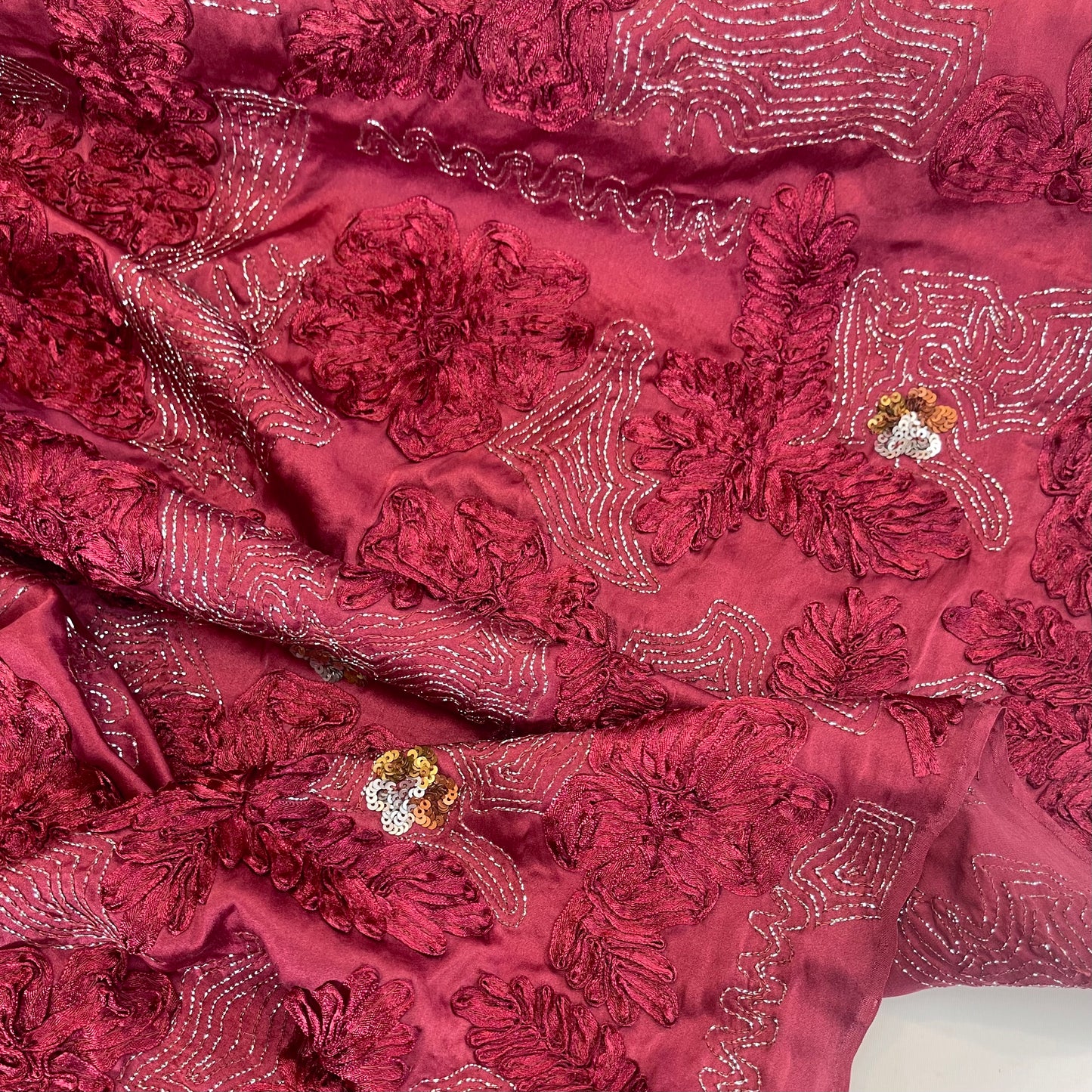 Enchanted Ruby Forrest Embellished Silk Satin