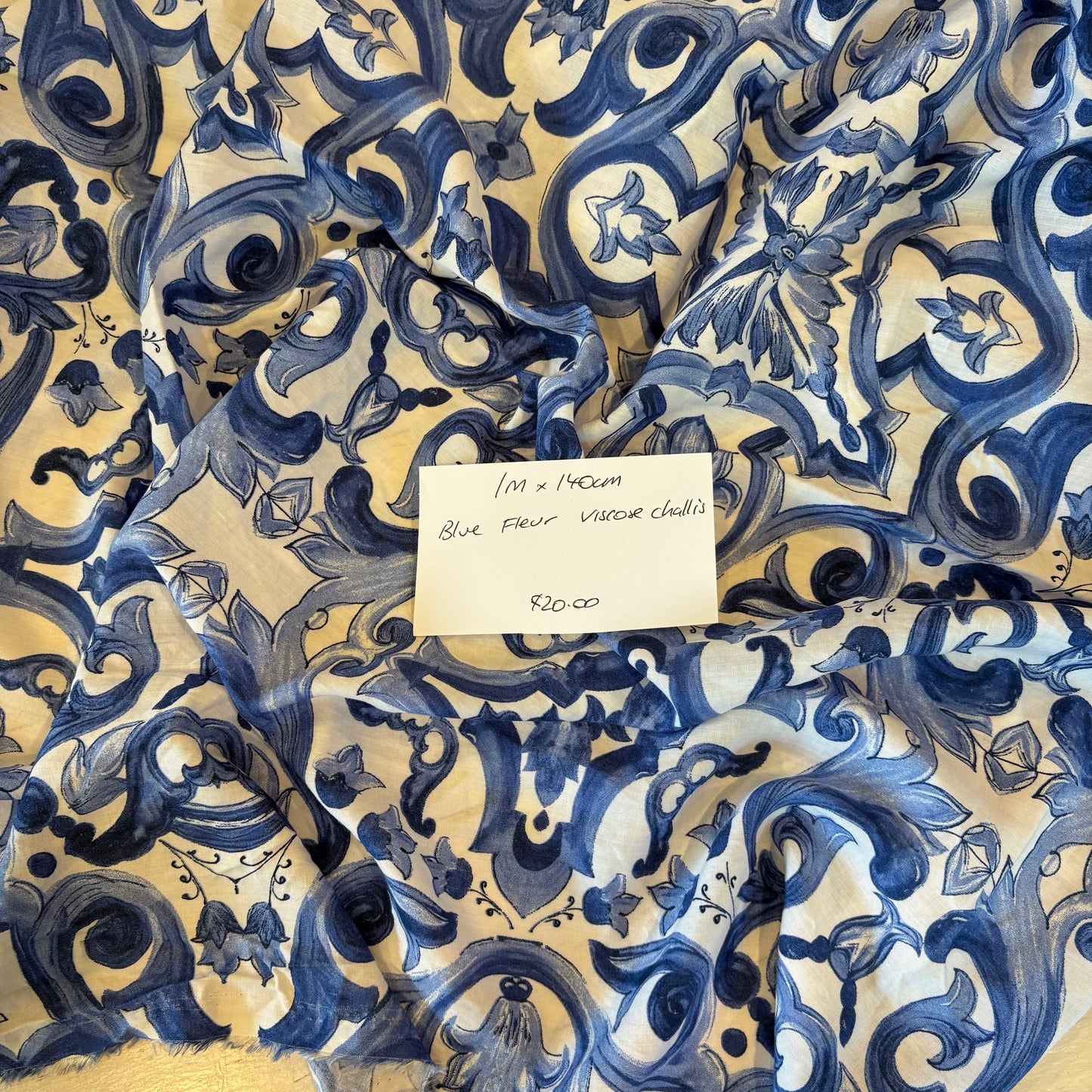 1m Blue Fleur Viscose Challis