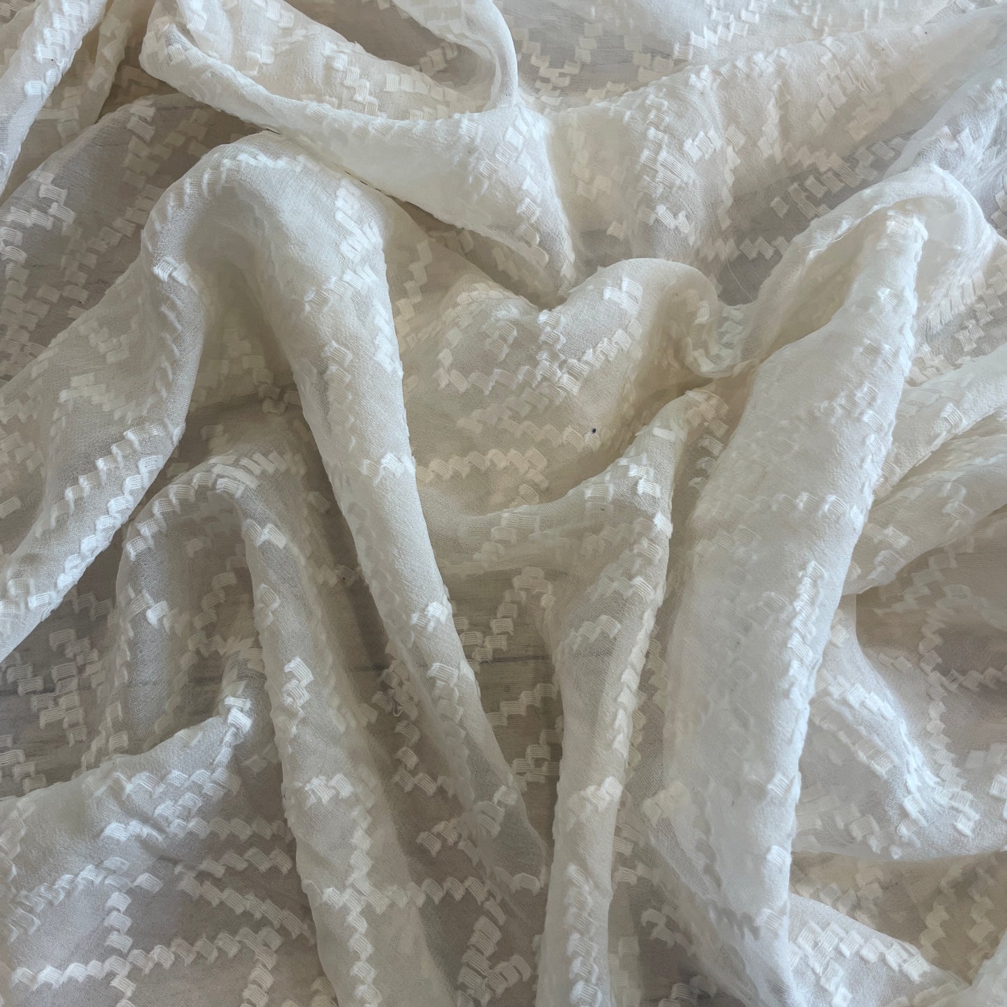 Cream zigzag textured jacquard silk chiffon