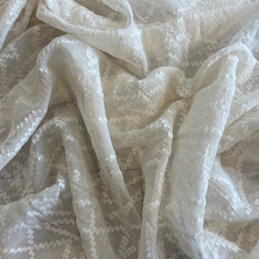Cream zigzag textured jacquard silk chiffon
