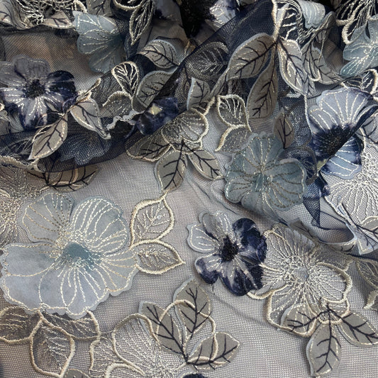 90cm blue blooms embroidered tulle