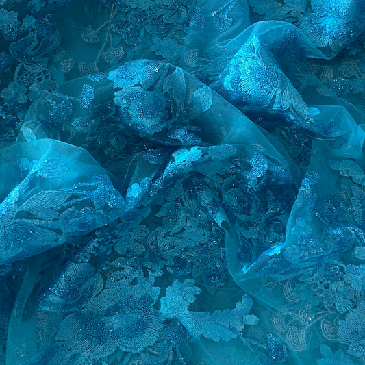 90cm aqua embroidered sequin tulle