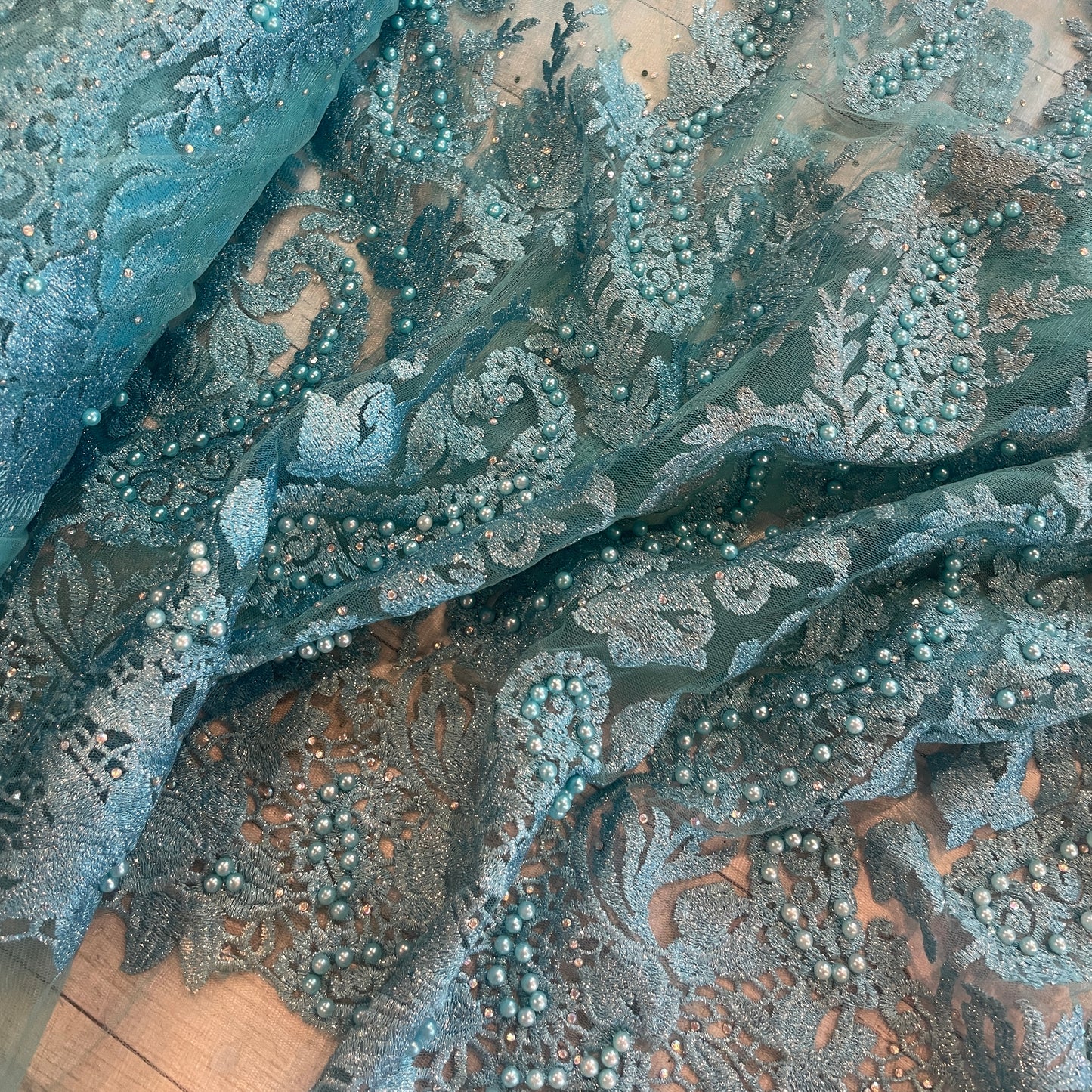 Aqua paisley pearl embroidered beaded tulle