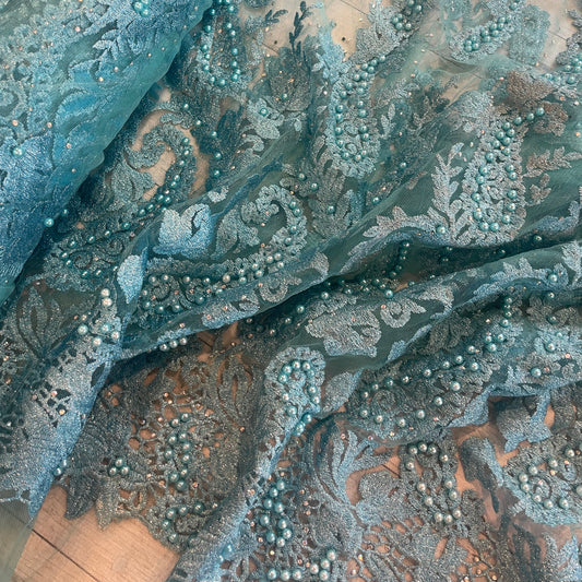 Aqua paisley pearl embroidered beaded tulle