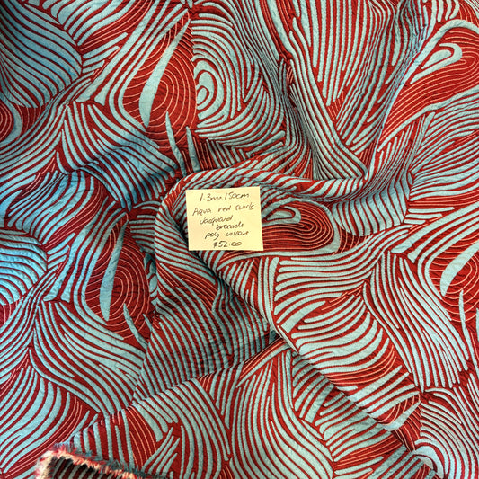 1.3m Aqua Red Swirls Jacquard Brocade