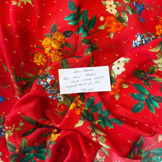 2m Red Floral Metallic Dash Viscose Challis
