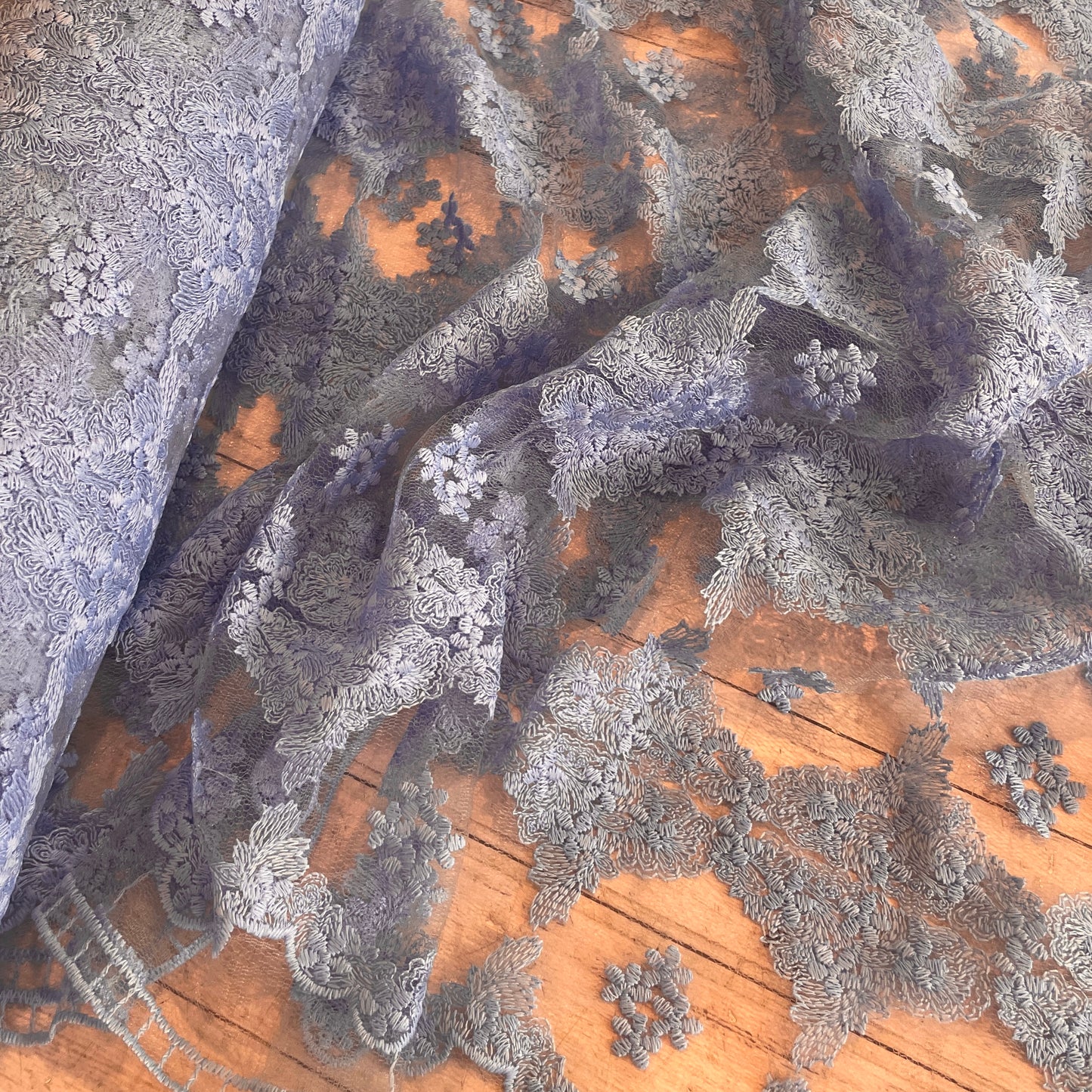 Wedgewood blue floral medallion embroidered fine tulle