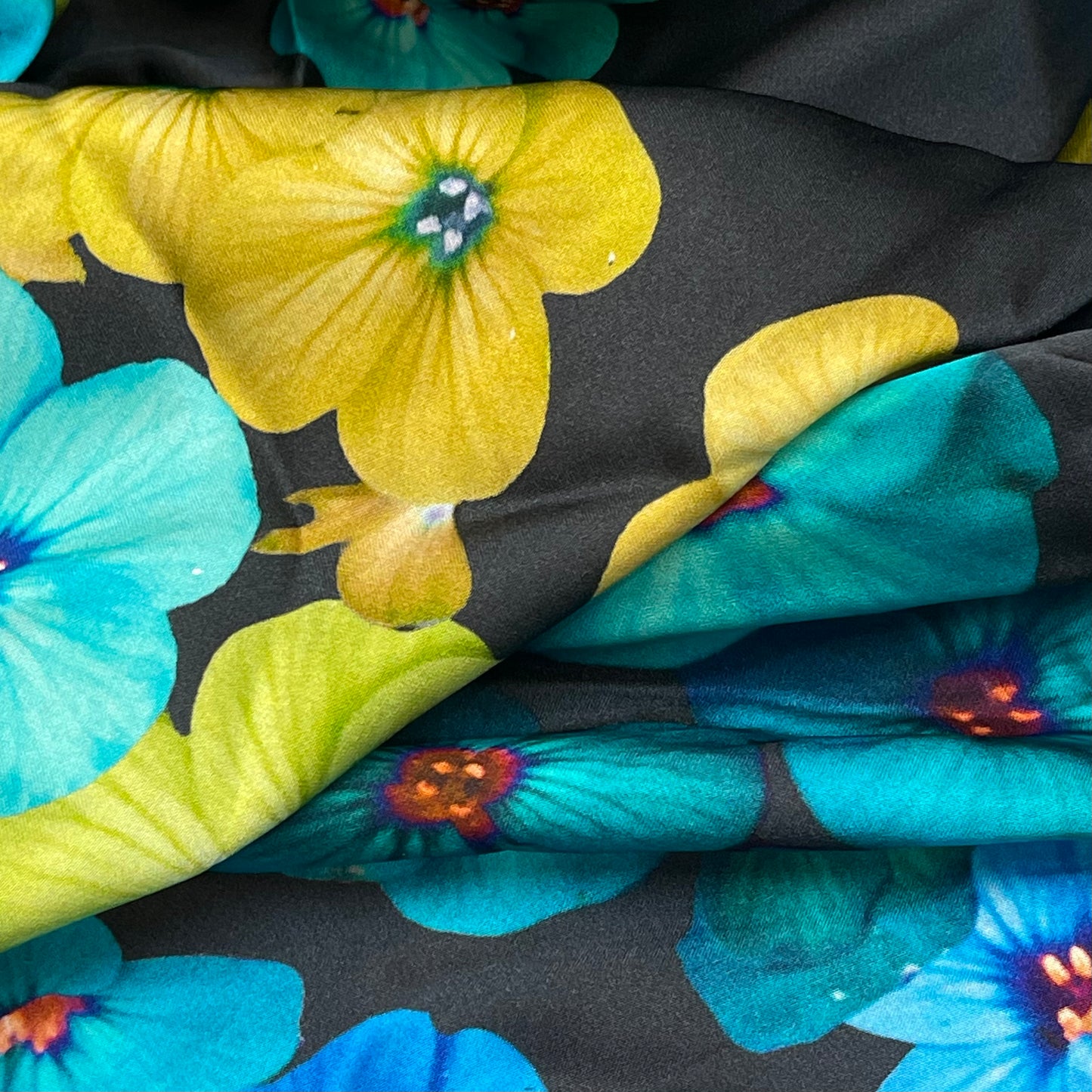 1.20m Blue Pansies Stretch Silk Satin