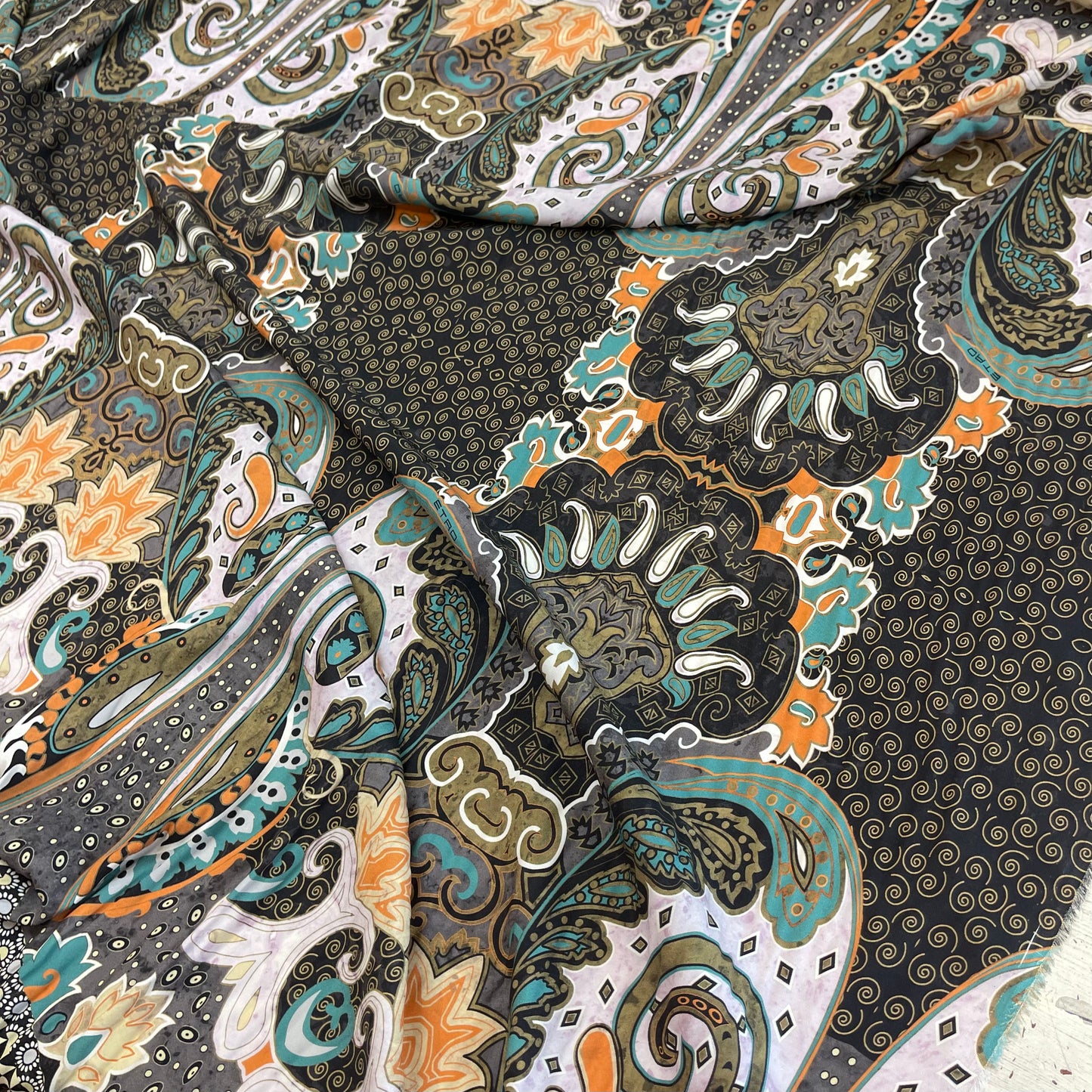 ETRO 1.45mtr Panel Teal Ornate Satin Back Stretch Silk