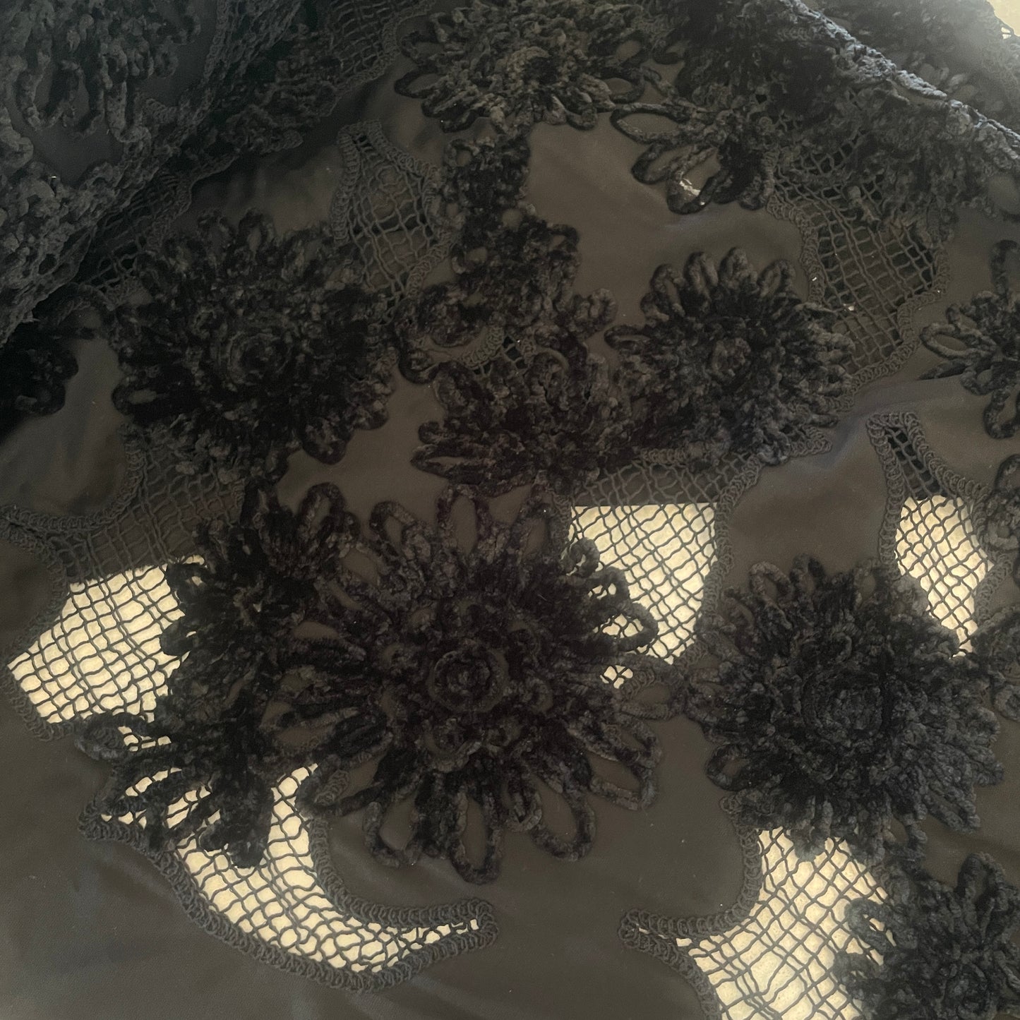 Flowers bloom black chenille embroidered jersey