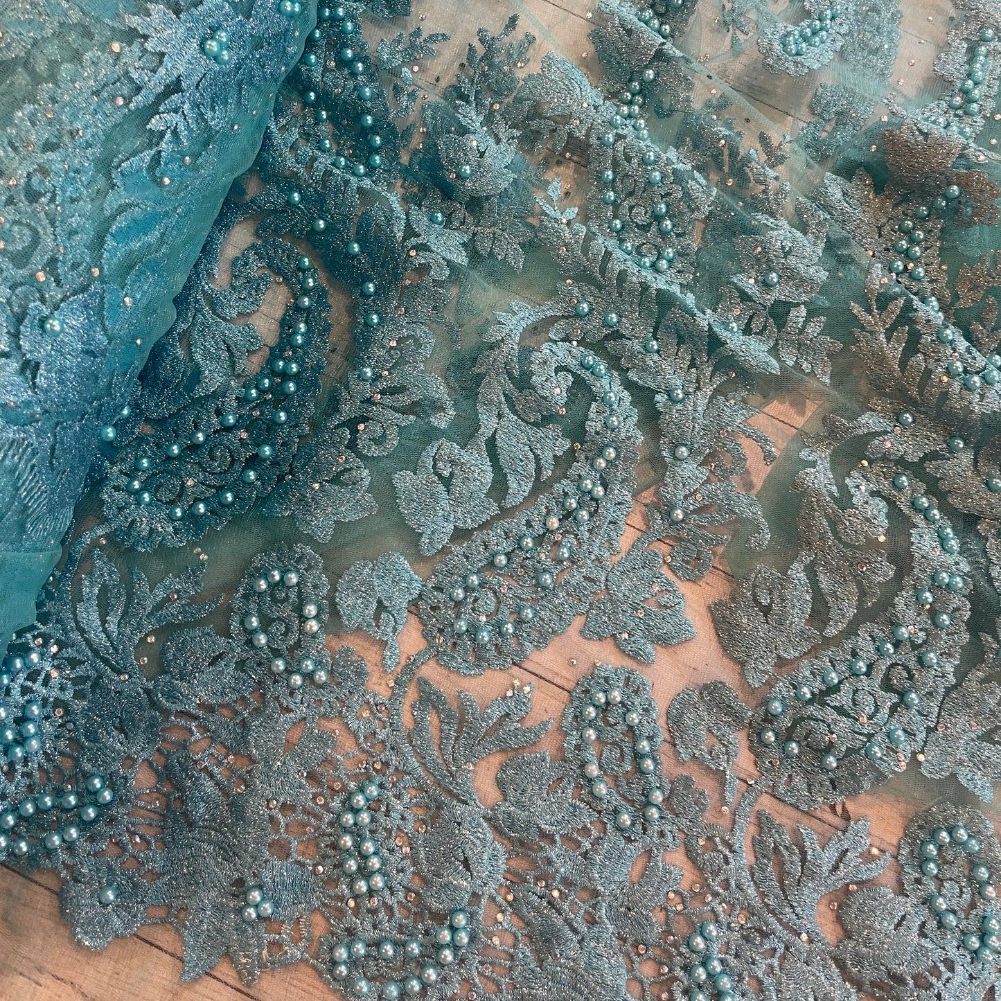 Aqua paisley pearl embroidered beaded tulle