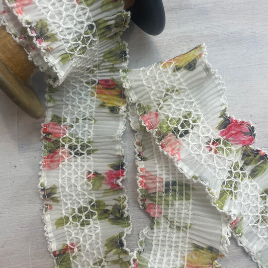 pink floral stretch pleated frill trim 6cm
