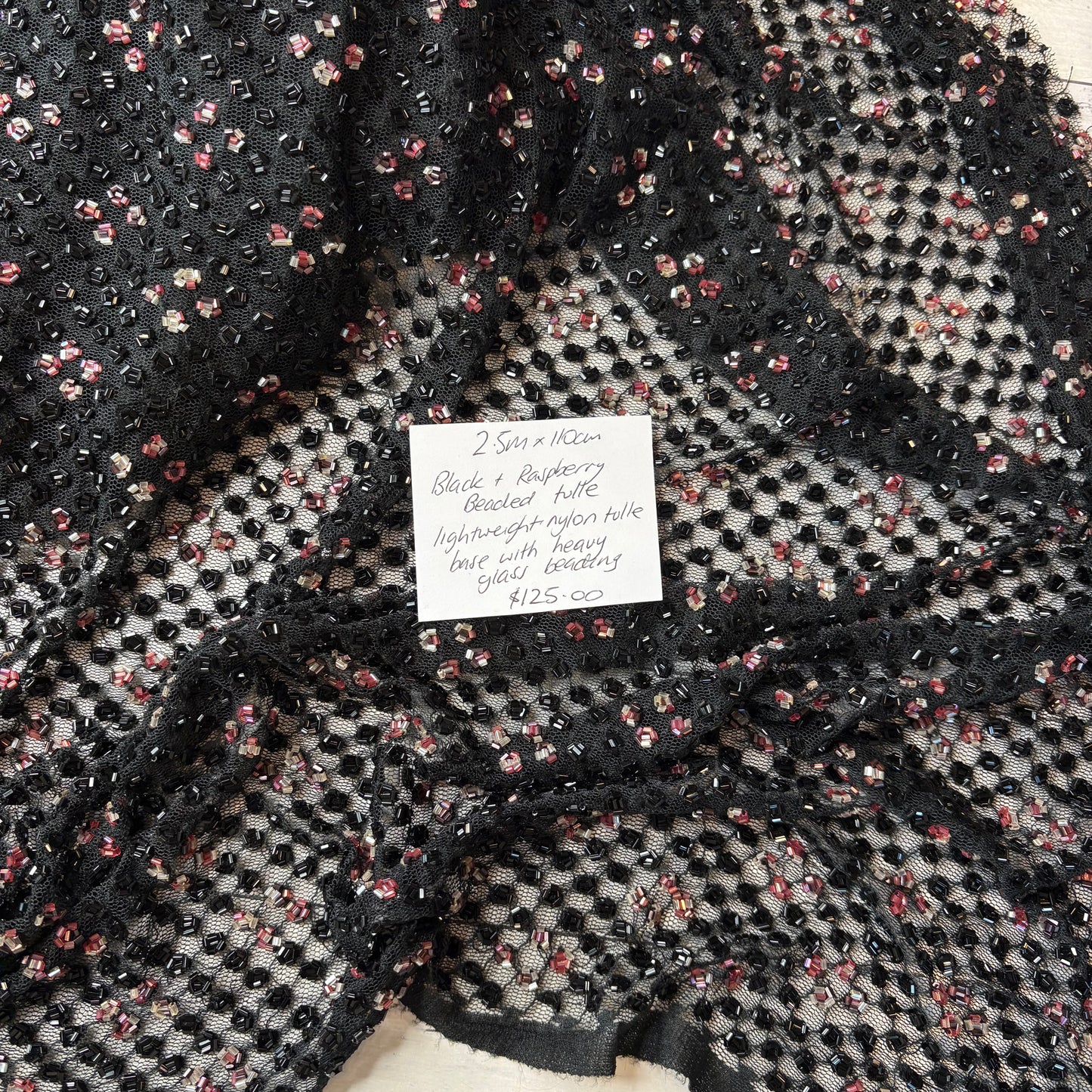 2.5m Black + Raspberry Beaded Tulle