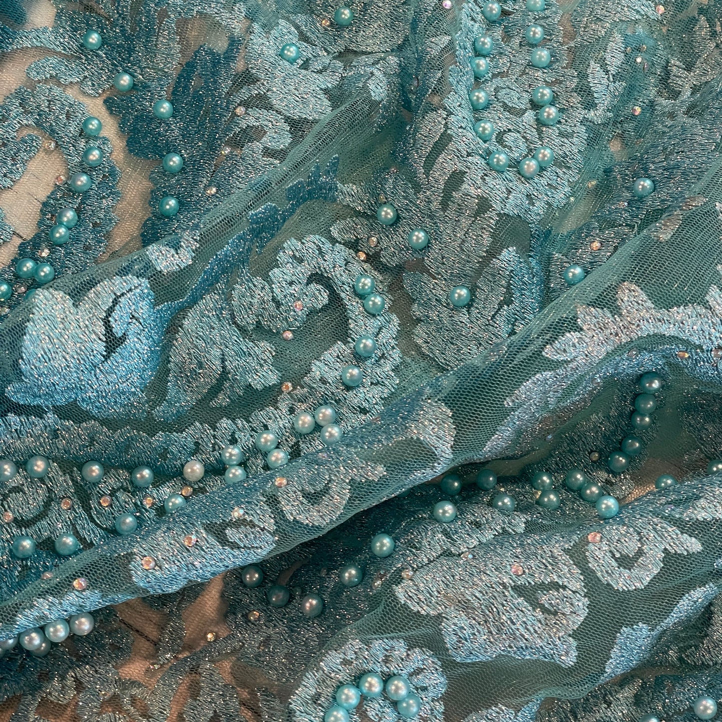 Aqua paisley pearl embroidered beaded tulle
