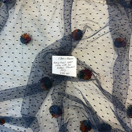 1.3m Navy Hail spot tulle + 3D Ribbon Flowers