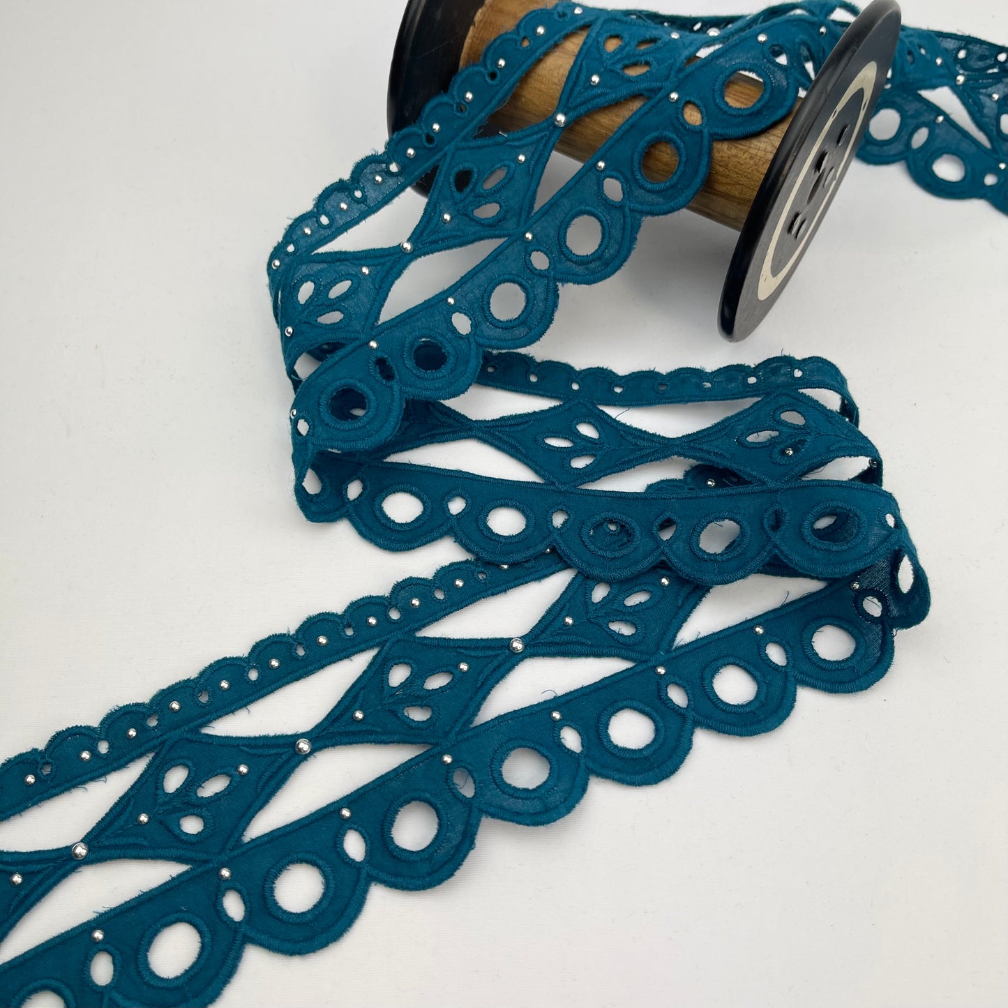 Riviera Deep Teal 65mm Studded Broderie Trim