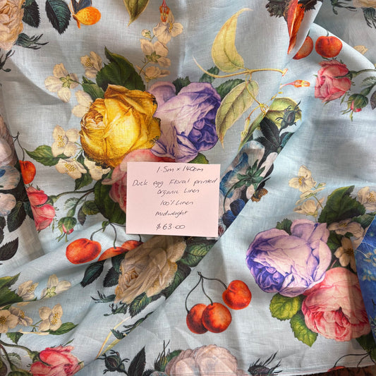 1.5m Duck Egg Floral Printed Organic Linen