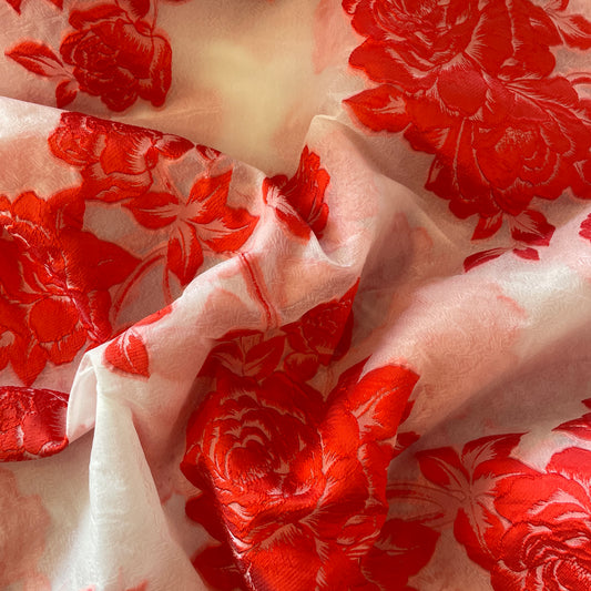 2.3m red rose floral cloque brocade