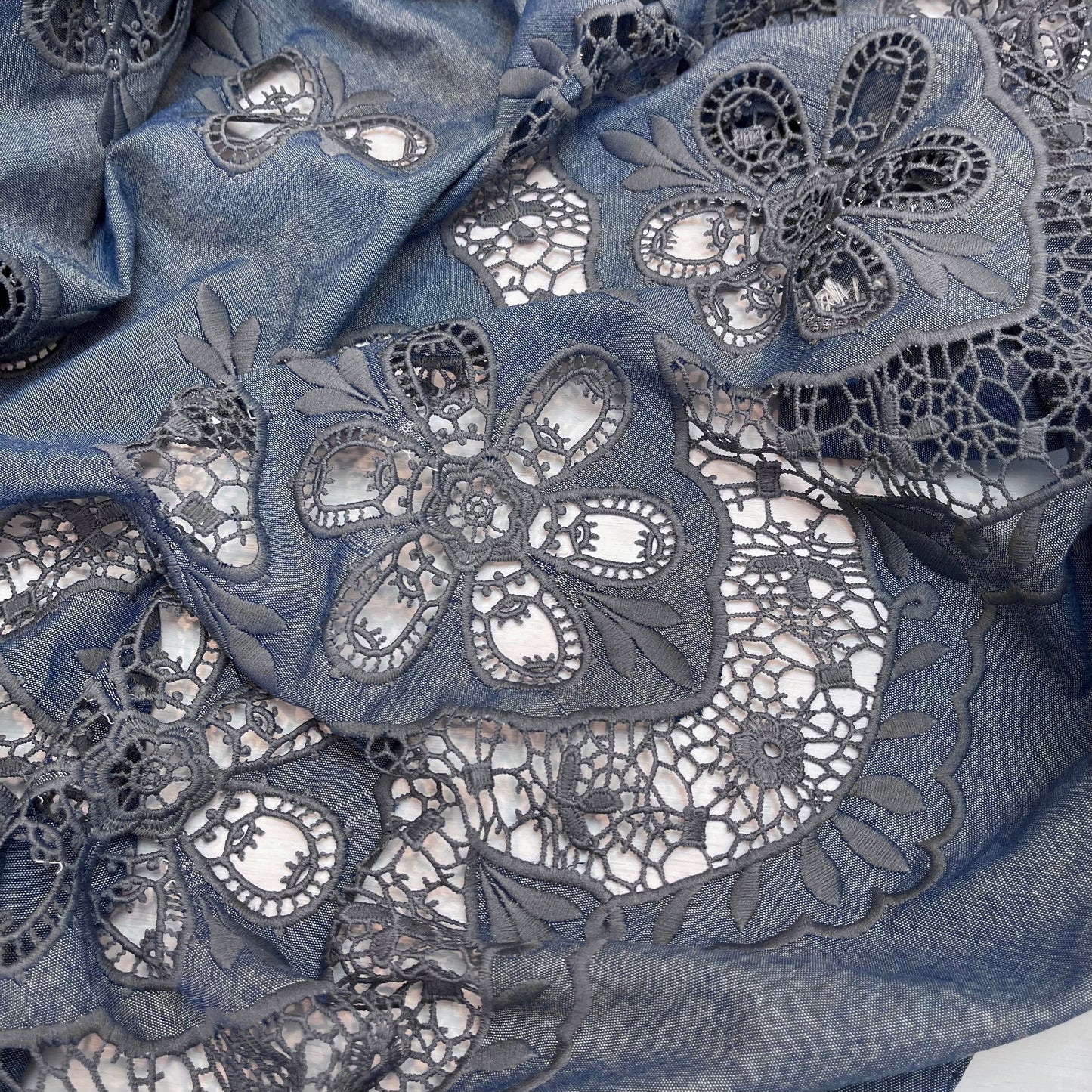 1 mtr Chambray Blue  Embroidered Cotton Lace