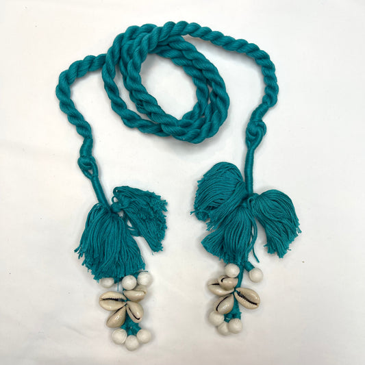 Teal Tassel Shell Rope Tie Belt