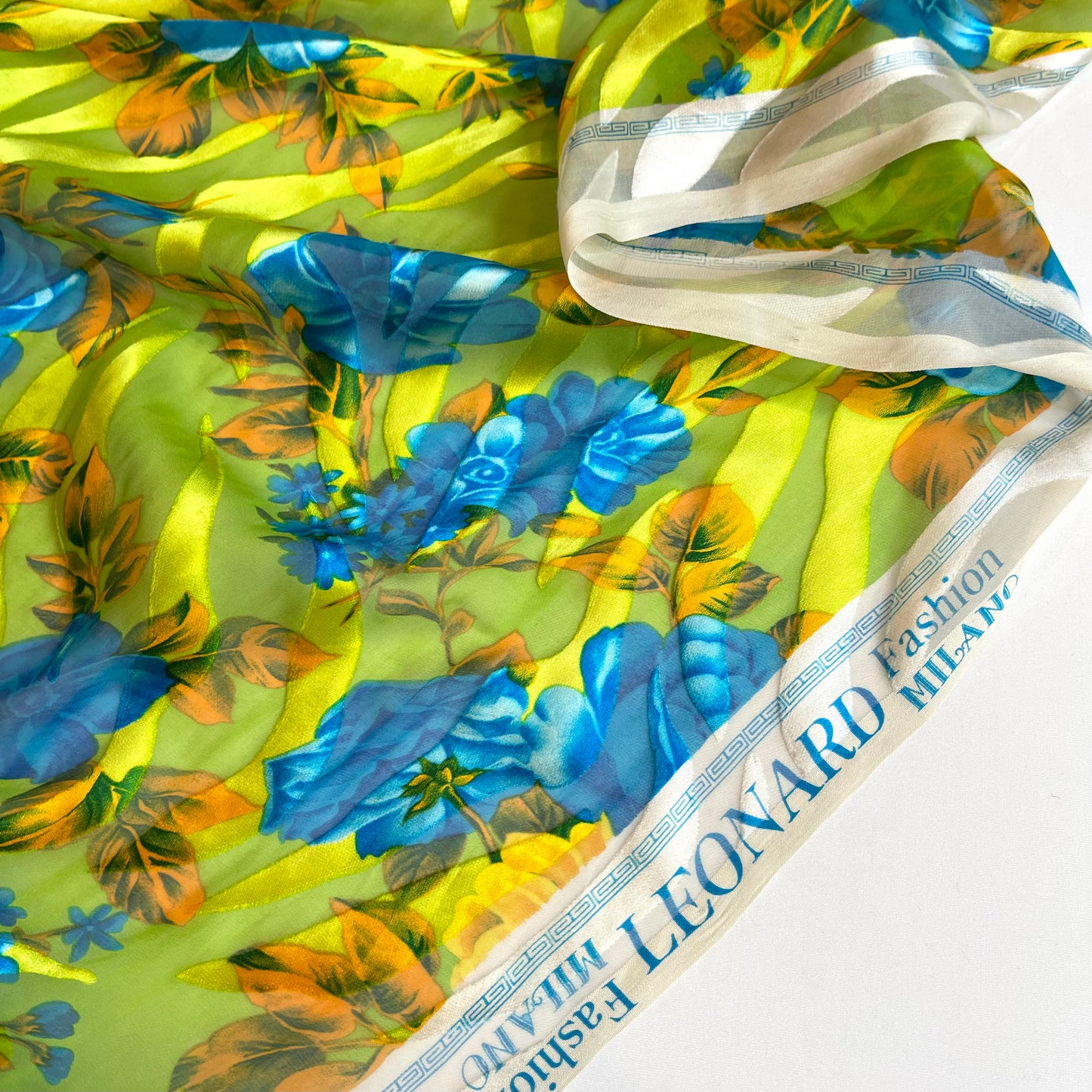 Blue Lime Blooms Burnout Silk Chiffon