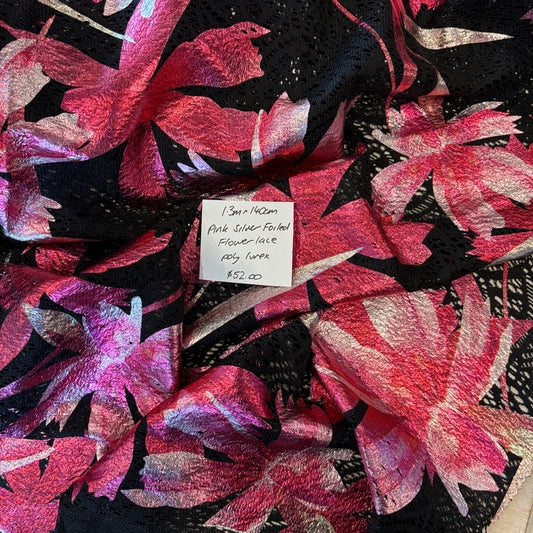 1.3m Pink Silver Foiled Flower Lace