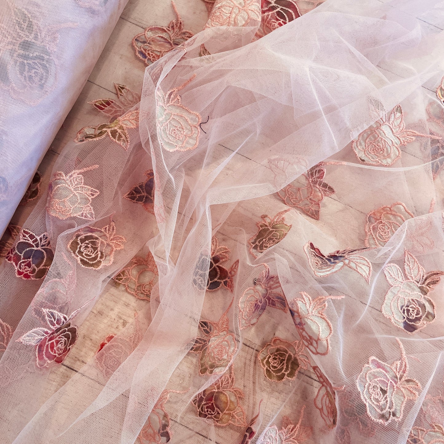 Cascading roses embroidered tulle