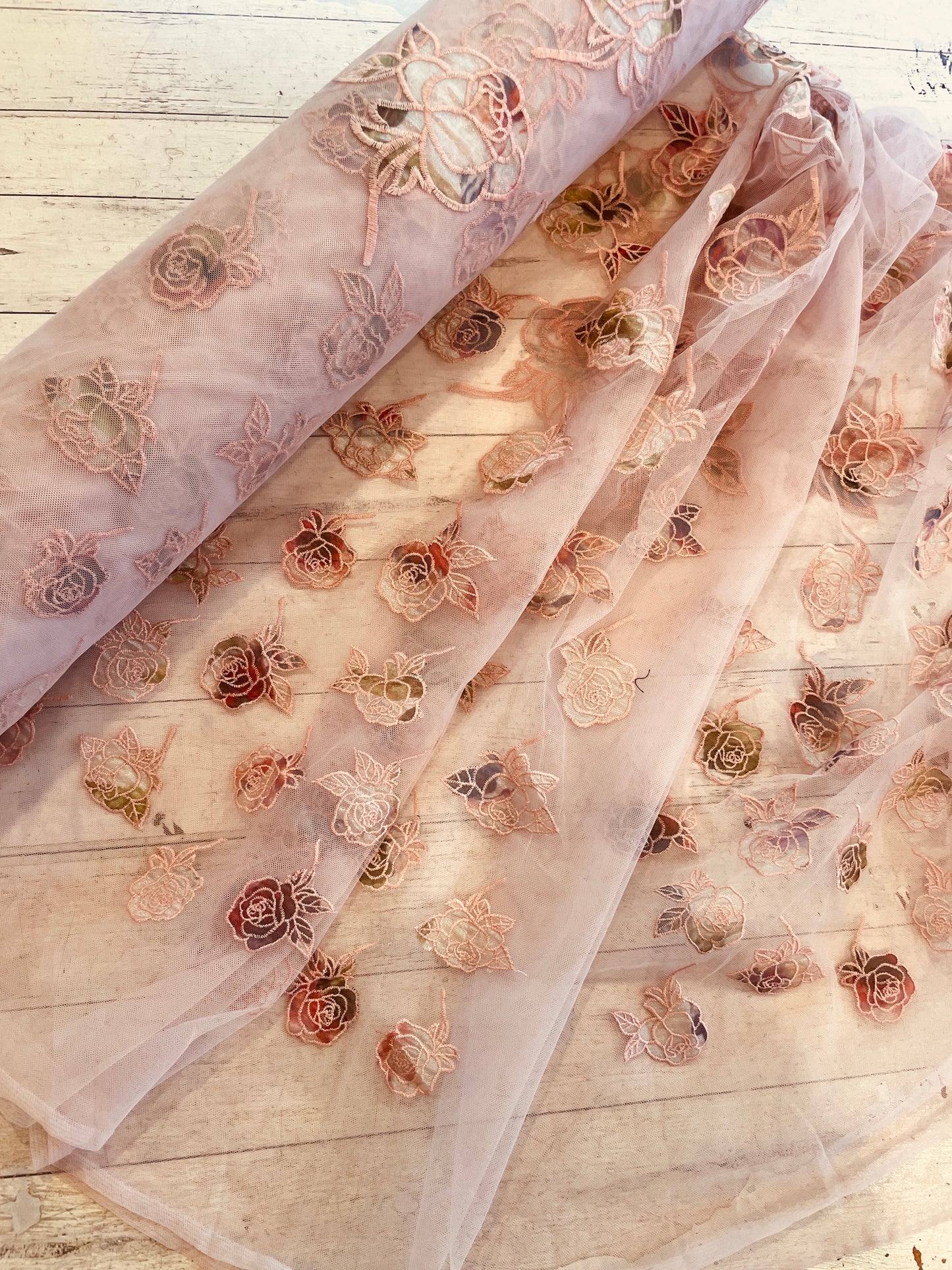 Cascading roses embroidered tulle