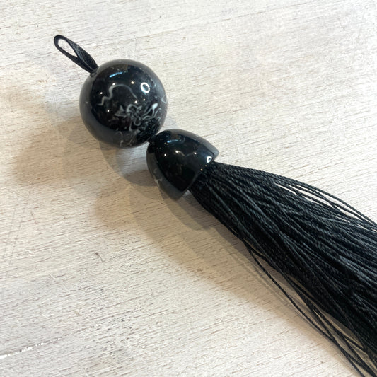 Long black marble look tassel 16cm