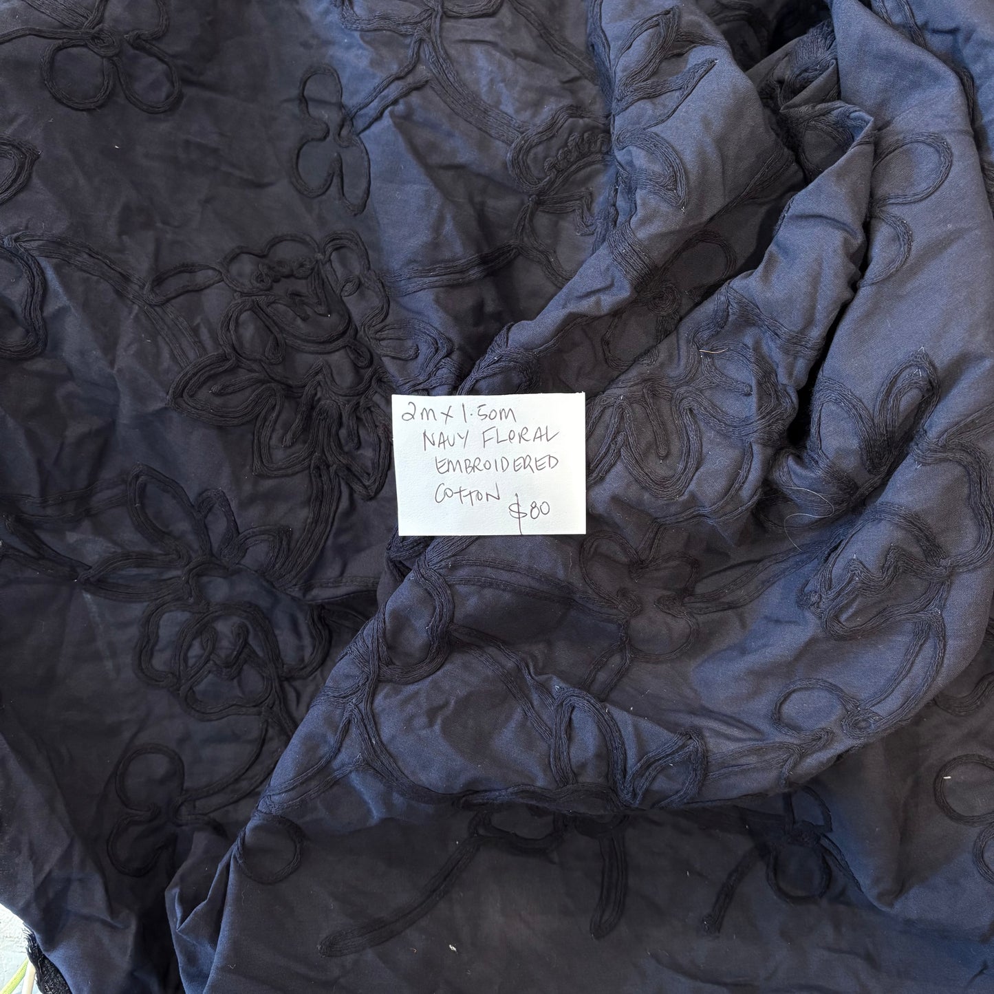 2m Navy Floral Embroidered Cotton