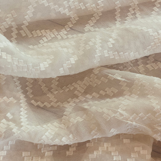 Cream zigzag textured jacquard silk chiffon