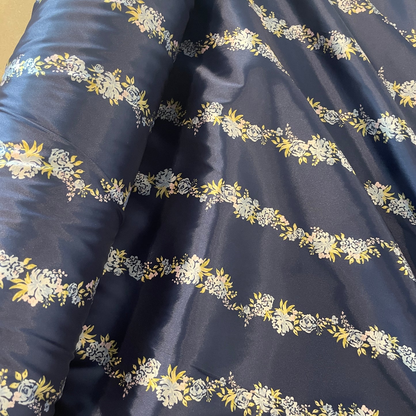 Trocadero blue floral stripe stretch satin