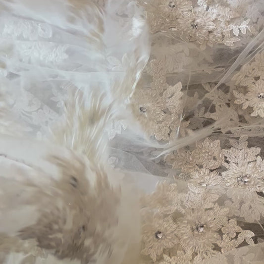 3.8m Cream Embroidered Motif Beaded Tulle